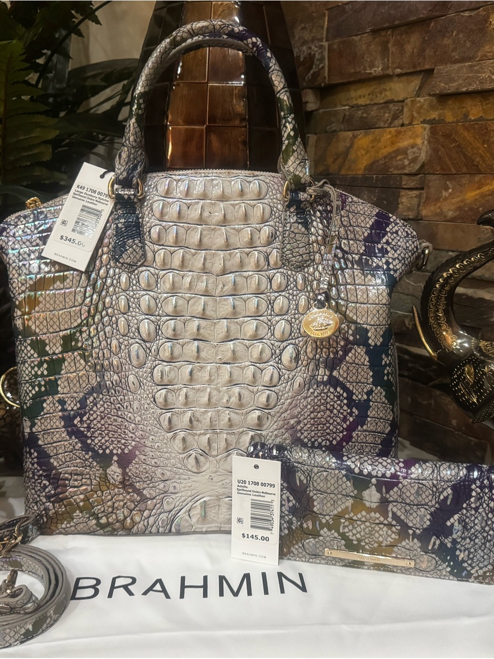 Brahmin Cream Multi-Color Embossed Croc-Print Tote with matching wallet.
